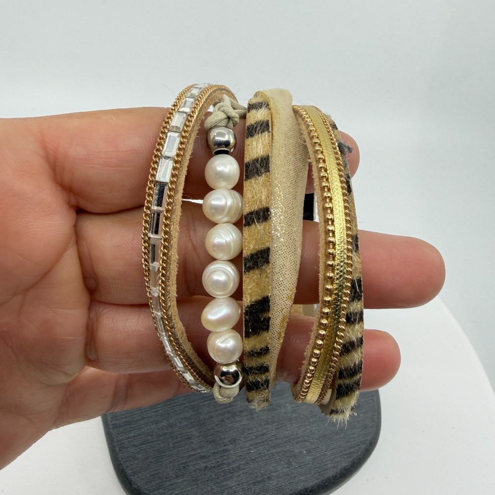 Multi Strand Wrap Bracelet Faux Pearl Rhinestone Animal Print Bohemian Gift